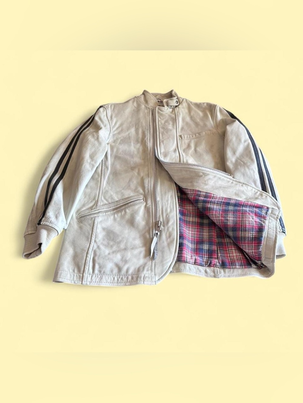 Schott NYC Single Racer Leather Jacket Cream Striped Flannel Lined Men’s L